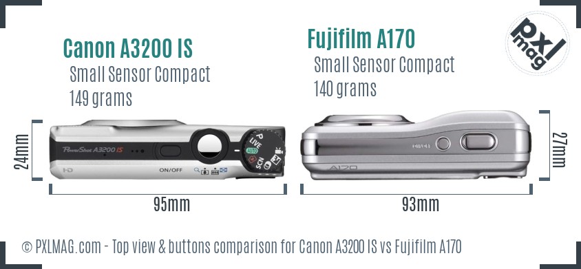 Canon A3200 IS vs Fujifilm A170 top view buttons comparison
