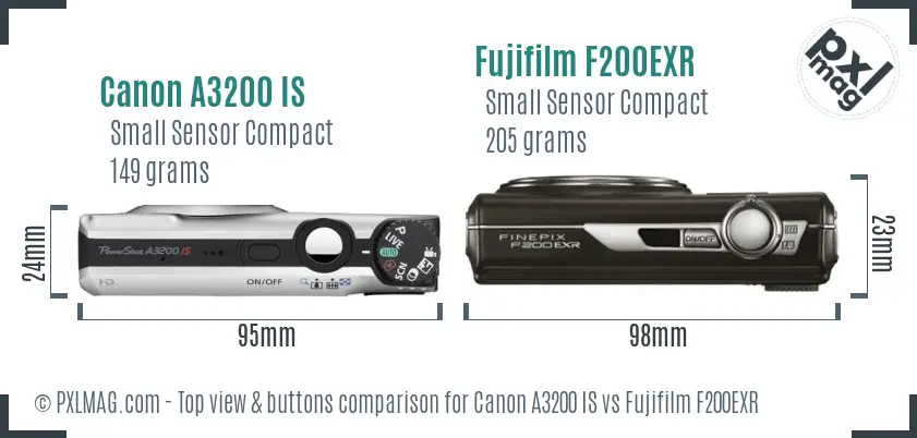 Canon A3200 IS vs Fujifilm F200EXR top view buttons comparison