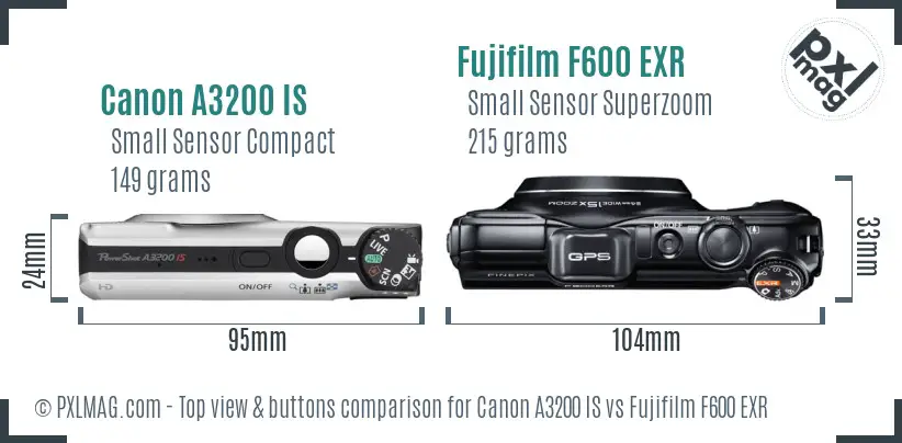 Canon A3200 IS vs Fujifilm F600 EXR top view buttons comparison Canon A3200 IS vs Fujifilm F600 EXR top view buttons comparison