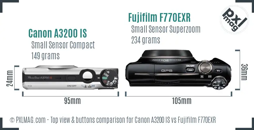 Canon A3200 IS vs Fujifilm F770EXR top view buttons comparison