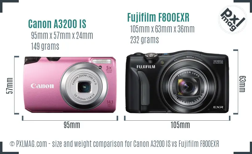 Canon A3200 IS vs Fujifilm F800EXR size comparison
