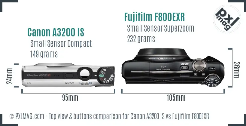 Canon A3200 IS vs Fujifilm F800EXR top view buttons comparison