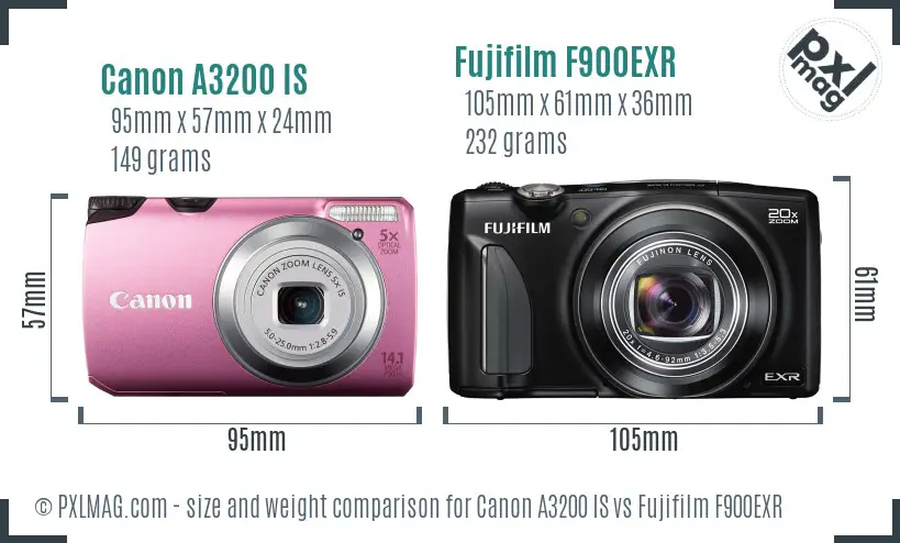 Canon A3200 IS vs Fujifilm F900EXR size comparison