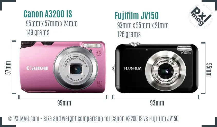 Canon A3200 IS vs Fujifilm JV150 size comparison