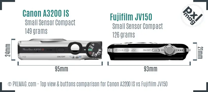 Canon A3200 IS vs Fujifilm JV150 top view buttons comparison