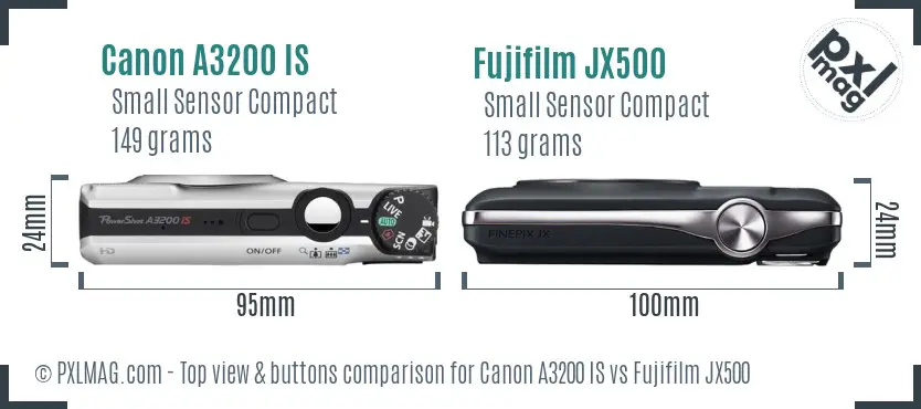 Canon A3200 IS vs Fujifilm JX500 top view buttons comparison