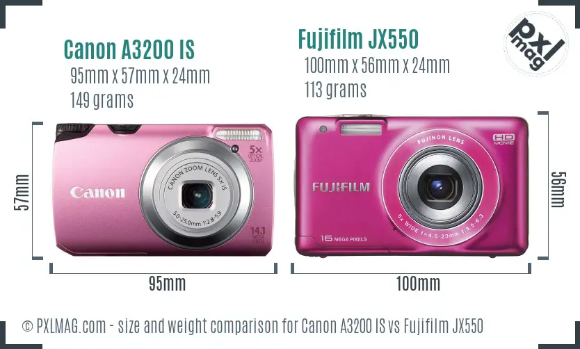 Canon A3200 IS vs Fujifilm JX550 size comparison