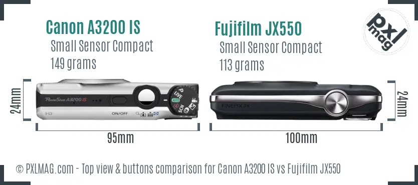 Canon A3200 IS vs Fujifilm JX550 top view buttons comparison