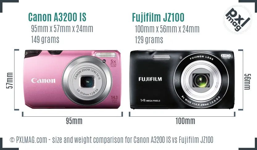 Canon A3200 IS vs Fujifilm JZ100 size comparison