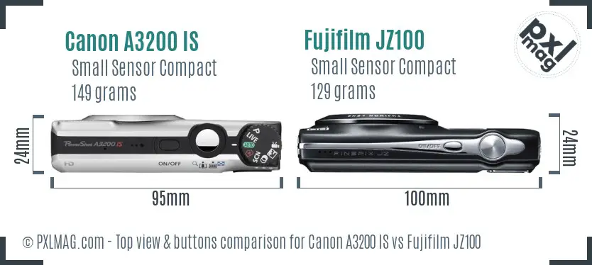 Canon A3200 IS vs Fujifilm JZ100 top view buttons comparison