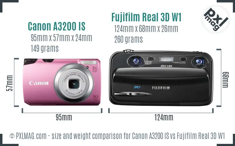 Canon A3200 IS vs Fujifilm Real 3D W1 size comparison