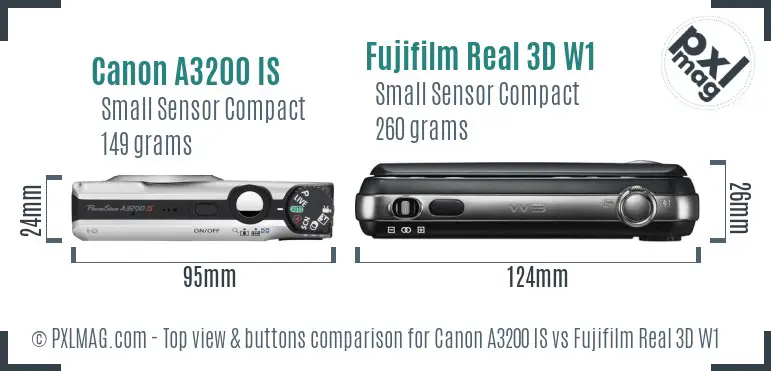 Canon A3200 IS vs Fujifilm Real 3D W1 top view buttons comparison