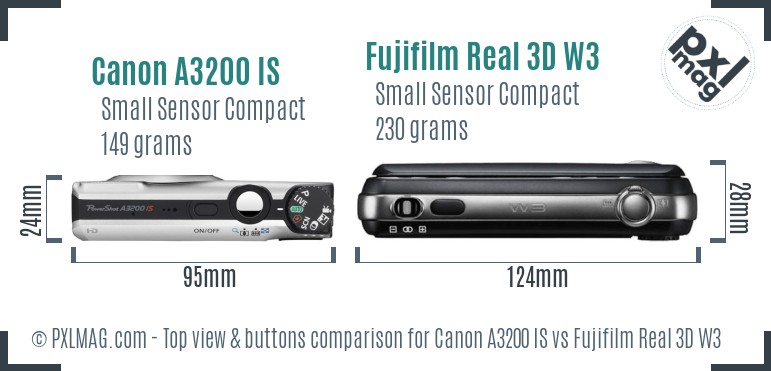 Canon A3200 IS vs Fujifilm Real 3D W3 top view buttons comparison
