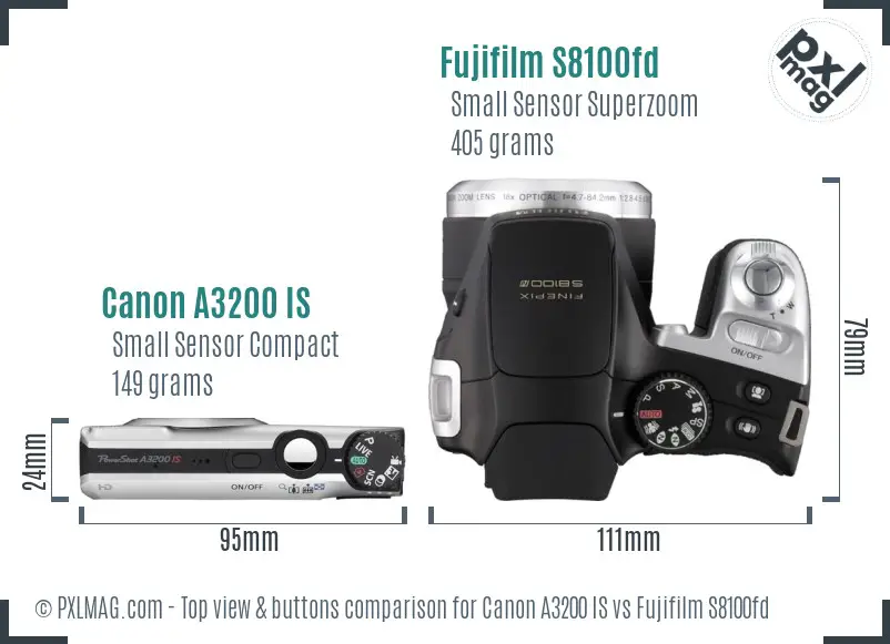 Canon A3200 IS vs Fujifilm S8100fd top view buttons comparison