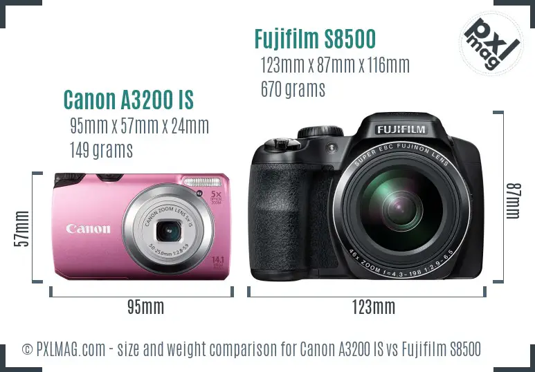 Canon A3200 IS vs Fujifilm S8500 size comparison