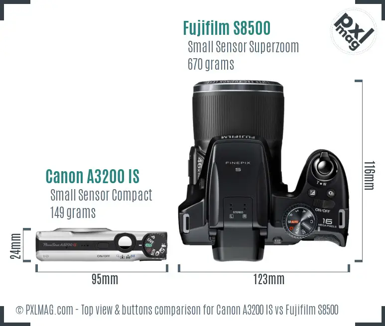 Canon A3200 IS vs Fujifilm S8500 top view buttons comparison
