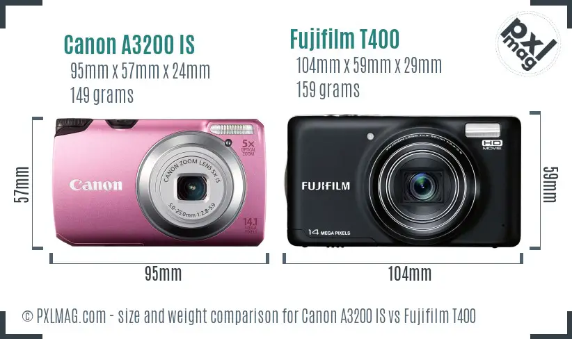 Canon A3200 IS vs Fujifilm T400 size comparison