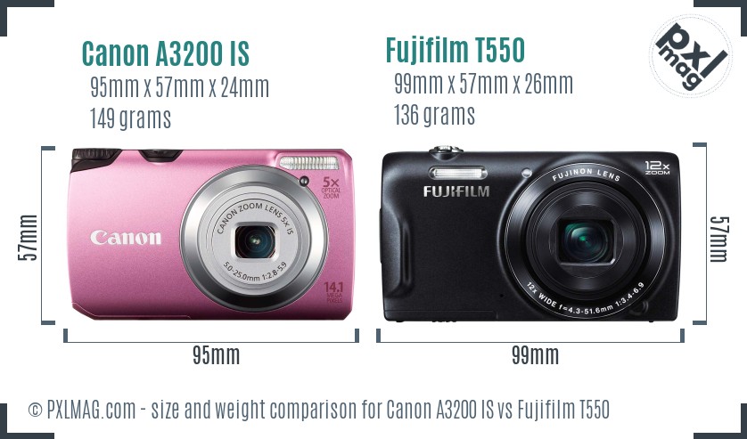 Canon A3200 IS vs Fujifilm T550 size comparison