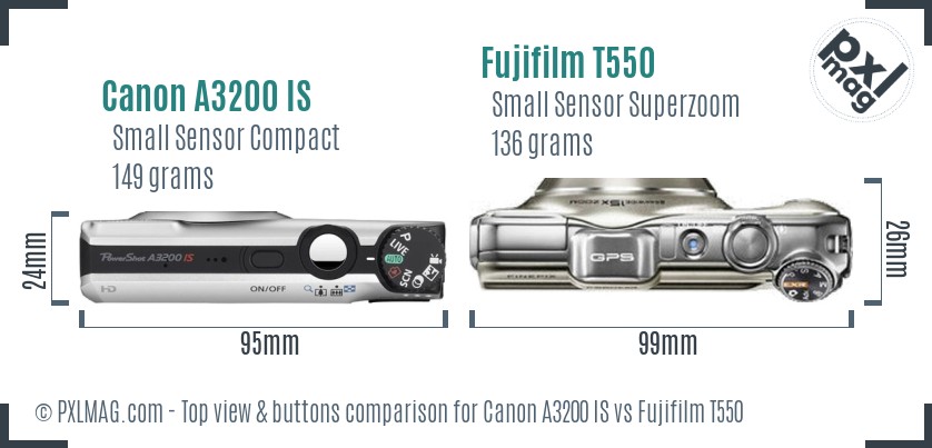 Canon A3200 IS vs Fujifilm T550 top view buttons comparison