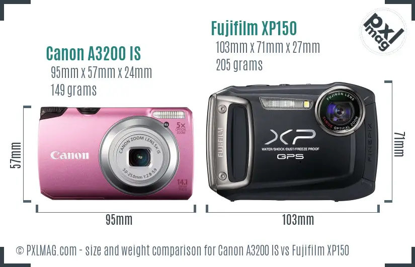 Canon A3200 IS vs Fujifilm XP150 size comparison