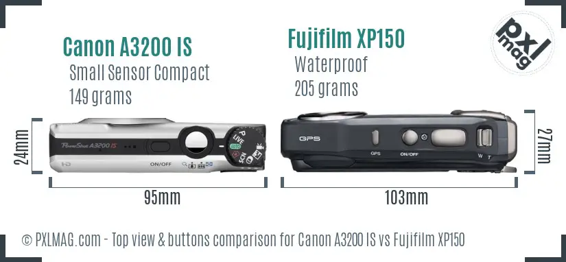 Canon A3200 IS vs Fujifilm XP150 top view buttons comparison