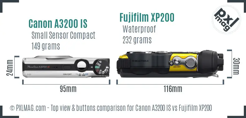 Canon A3200 IS vs Fujifilm XP200 top view buttons comparison Canon A3200 IS vs Fujifilm XP200 top view buttons comparison