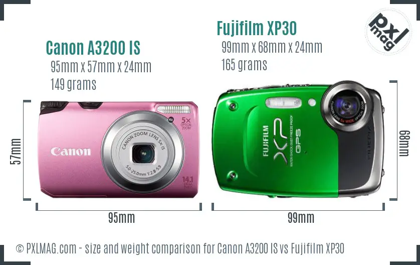 Canon A3200 IS vs Fujifilm XP30 size comparison