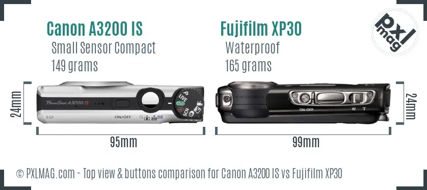 Canon A3200 IS vs Fujifilm XP30 top view buttons comparison
