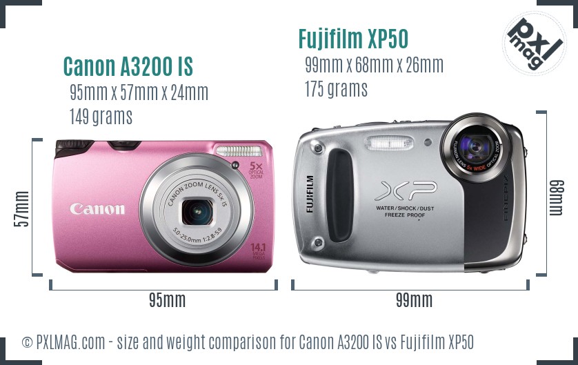 Canon A3200 IS vs Fujifilm XP50 size comparison