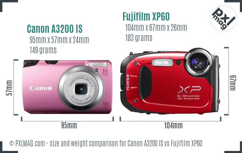 Canon A3200 IS vs Fujifilm XP60 size comparison