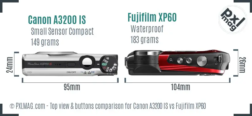 Canon A3200 IS vs Fujifilm XP60 top view buttons comparison
