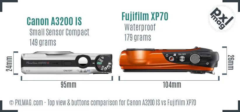 Canon A3200 IS vs Fujifilm XP70 top view buttons comparison Canon A3200 IS vs Fujifilm XP70 top view buttons comparison