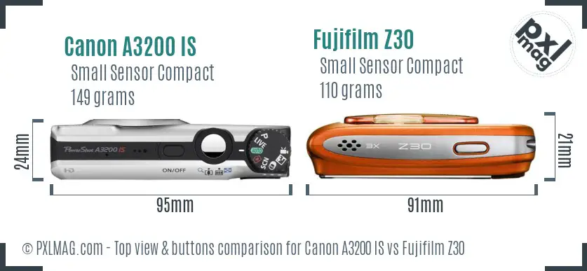 Canon A3200 IS vs Fujifilm Z30 top view buttons comparison Canon A3200 IS vs Fujifilm Z30 top view buttons comparison