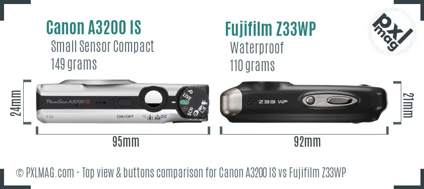 Canon A3200 IS vs Fujifilm Z33WP top view buttons comparison