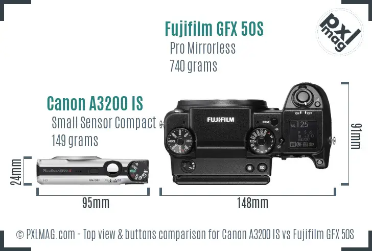 Canon A3200 IS vs Fujifilm GFX 50S top view buttons comparison