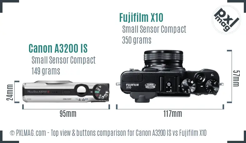 Canon A3200 IS vs Fujifilm X10 top view buttons comparison