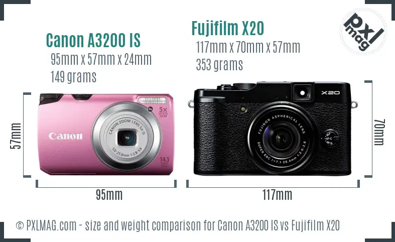 Canon A3200 IS vs Fujifilm X20 size comparison