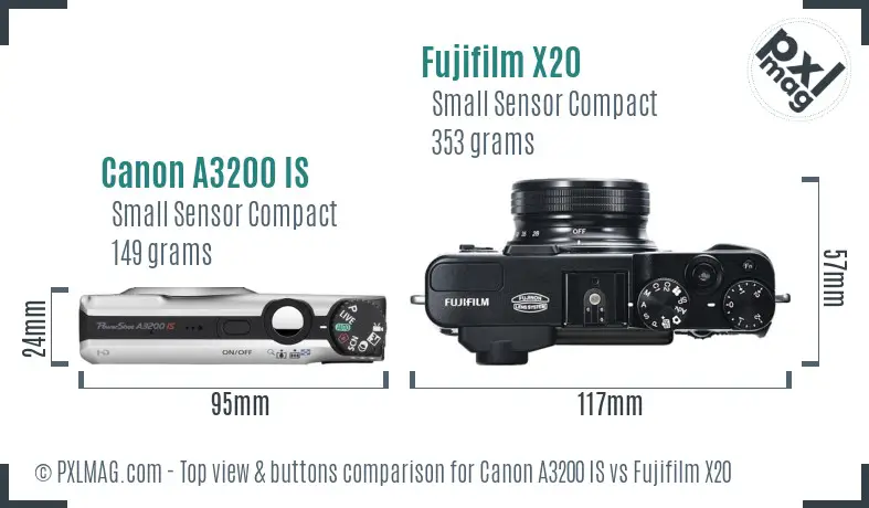 Canon A3200 IS vs Fujifilm X20 top view buttons comparison