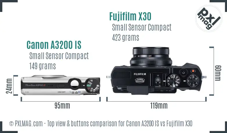 Canon A3200 IS vs Fujifilm X30 top view buttons comparison
