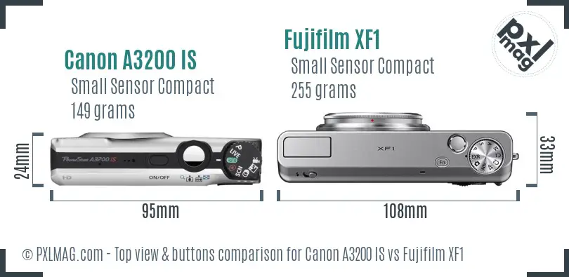 Canon A3200 IS vs Fujifilm XF1 top view buttons comparison