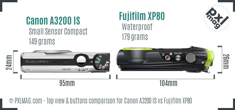 Canon A3200 IS vs Fujifilm XP80 top view buttons comparison