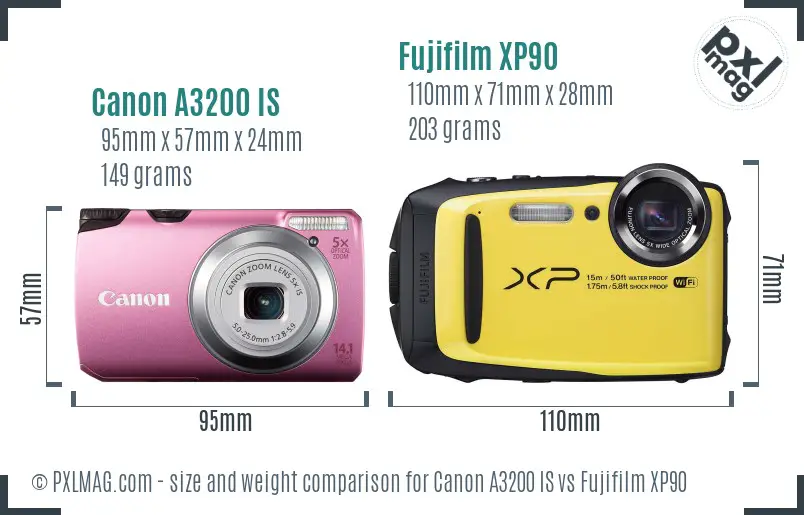 Canon A3200 IS vs Fujifilm XP90 size comparison Canon A3200 IS vs Fujifilm XP90 size comparison