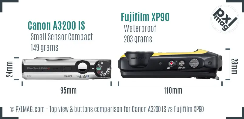 Canon A3200 IS vs Fujifilm XP90 top view buttons comparison Canon A3200 IS vs Fujifilm XP90 top view buttons comparison