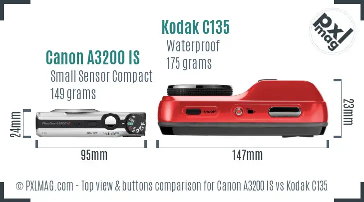 Canon A3200 IS vs Kodak C135 top view buttons comparison