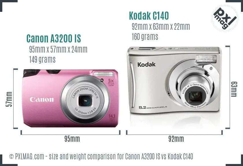 Canon A3200 IS vs Kodak C140 size comparison