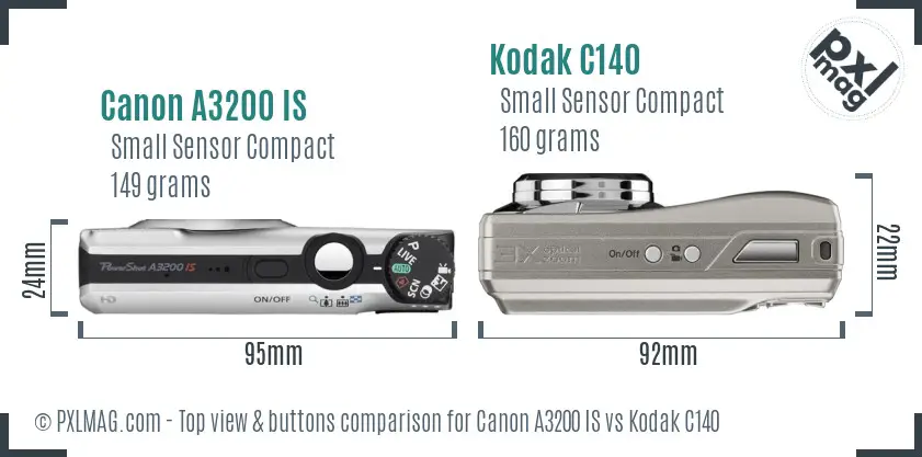 Canon A3200 IS vs Kodak C140 top view buttons comparison
