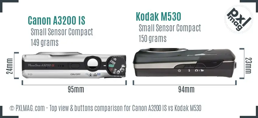 Canon A3200 IS vs Kodak M530 top view buttons comparison Canon A3200 IS vs Kodak M530 top view buttons comparison