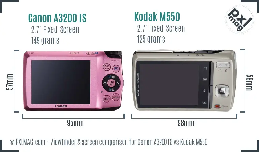 Canon A3200 IS vs Kodak M550 Screen and Viewfinder comparison