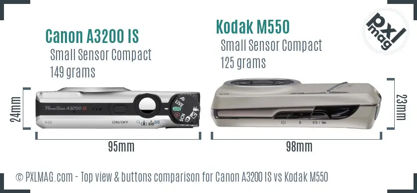 Canon A3200 IS vs Kodak M550 top view buttons comparison