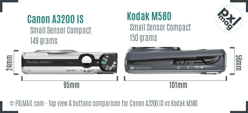 Canon A3200 IS vs Kodak M580 top view buttons comparison Canon A3200 IS vs Kodak M580 top view buttons comparison